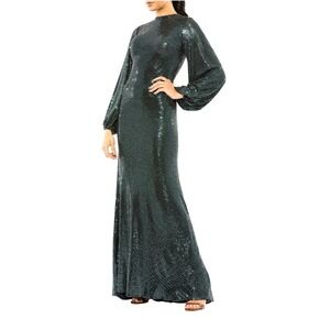 NEW! Mac Duggal Ieena Sequined High Neck Bishop Sleeve Gown Dress Green SZ 6